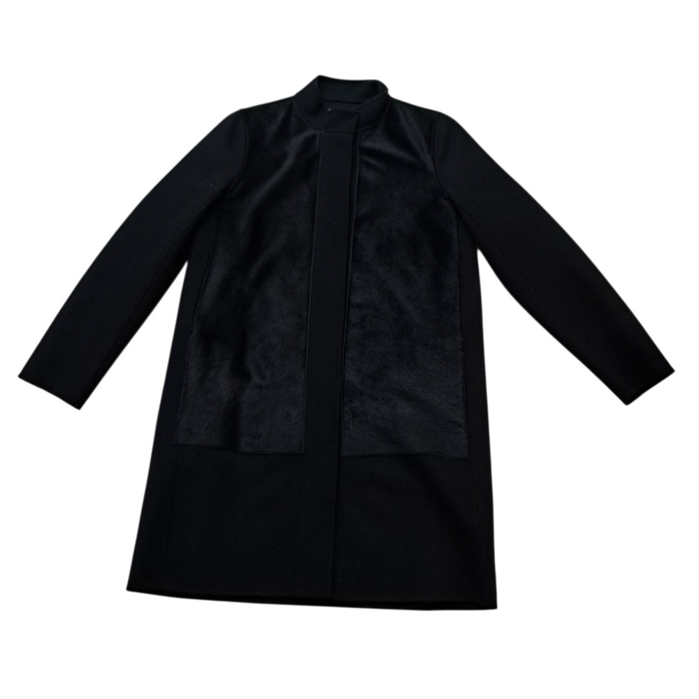Vince Coat Womens Small Black Real Fur‎ Calf Hair Panel Wool Sleek Quiet Luxury